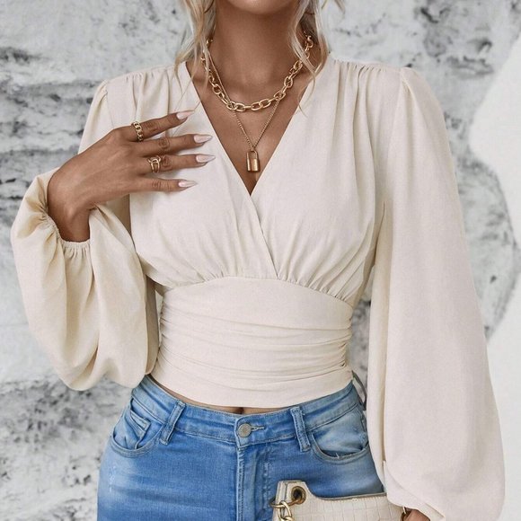 . Tops - Apricot Boho Womens Lantern Sleeve Ruched Blouse